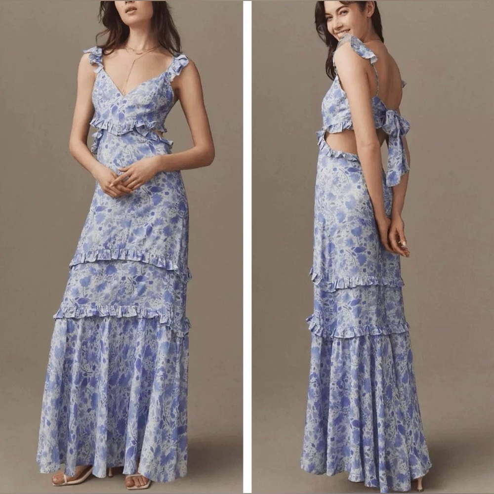 ASTR THE LABEL Anthropologie Cassis Floral Ruffle Cut Out Maxi Dress XS NWOT
